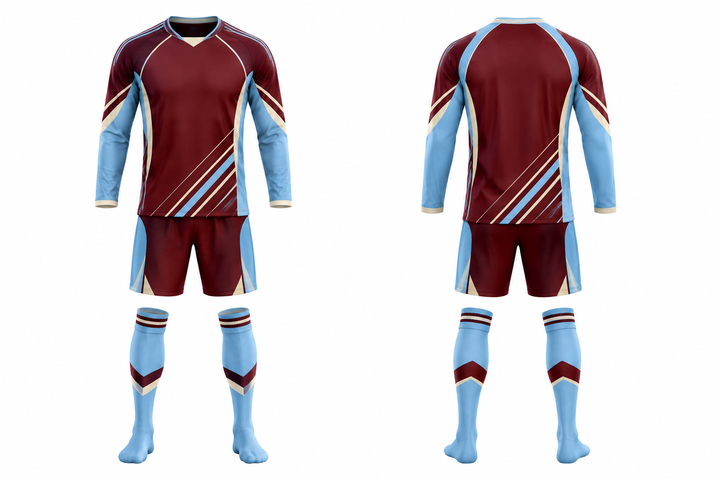 Front and back view of deep maroon diagonal court line architecture soccer goalkeeper or alternate kit