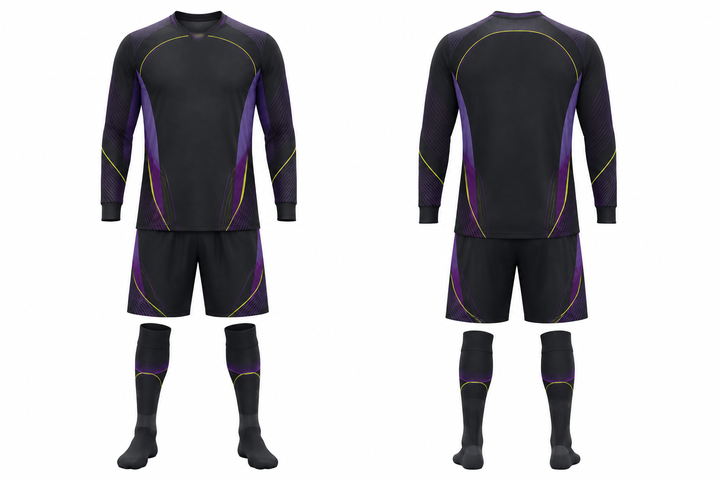 Front and back view of charcoal minimal arch and orbit geometry soccer goalkeeper or alternate kit