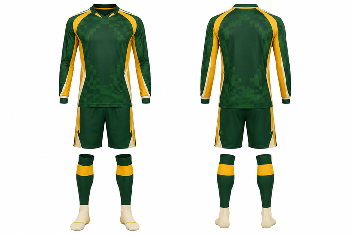 Front and back view of bottle green stepped chequer field with original spacing soccer goalkeeper or alternate kit