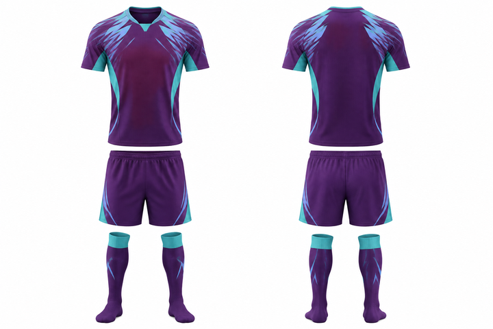 Front and back view of plum angular shoulder burst soccer match kit
