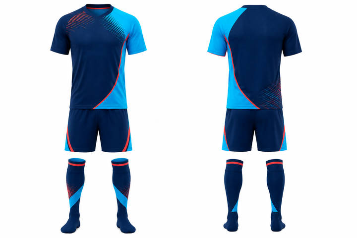 Front and back view of midnight navy asymmetric speed panel sweep soccer match kit