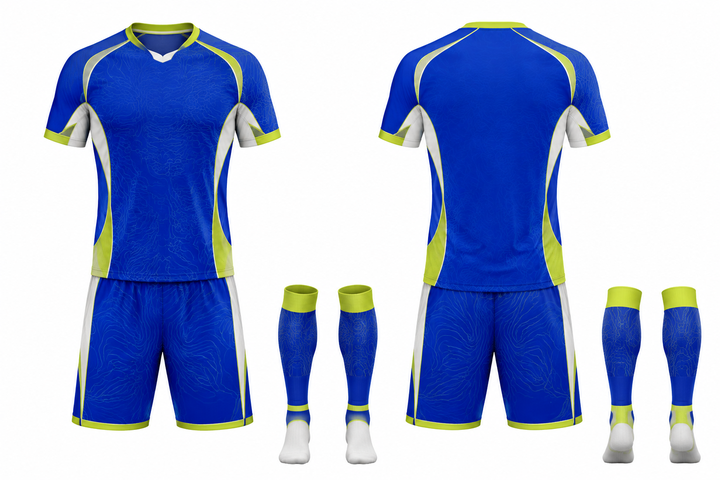 Front and back view of royal blue contained topographic contour field soccer match kit