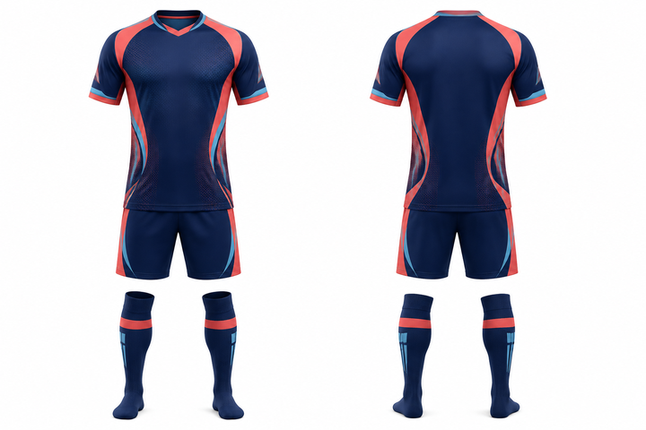 Front and back view of indigo curved body mapped side flow soccer match kit