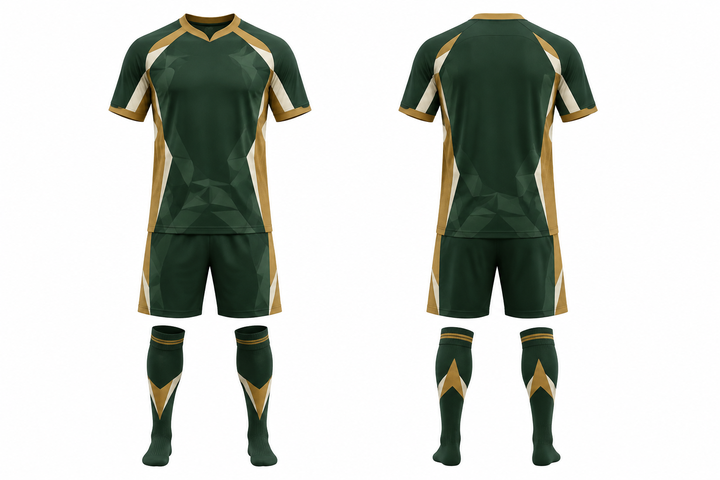 Front and back view of forest green faceted shield geometry soccer match kit