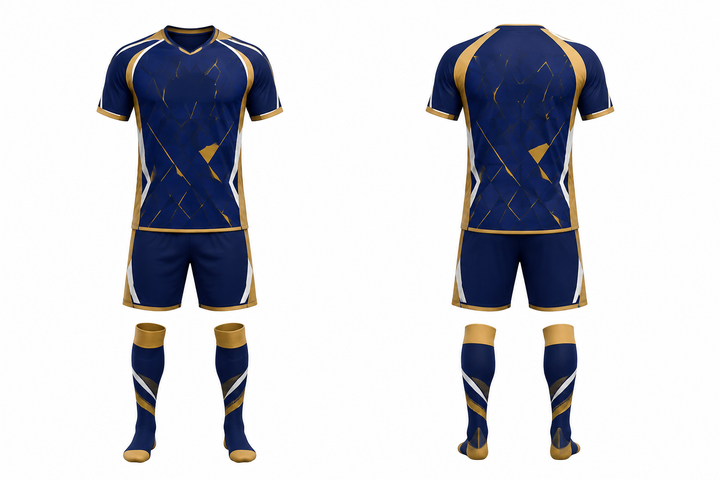 Front and back view of marine blue fractured diamond field soccer match kit