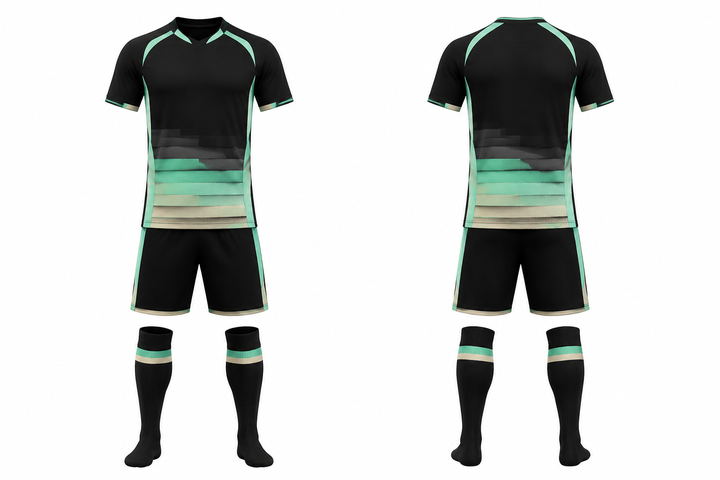 Front and back view of obsidian black layered horizon bands soccer match kit