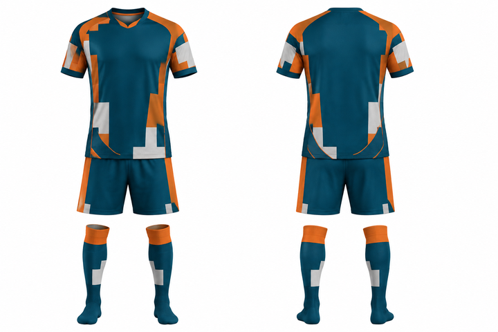 Front and back view of petrol teal modular block mosaic soccer match kit
