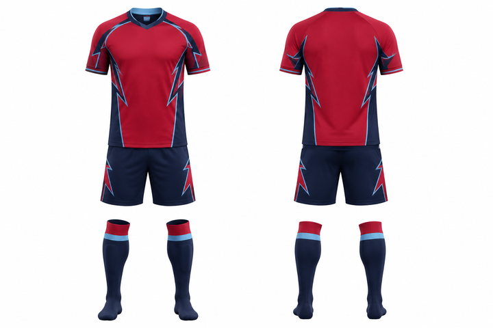 Front and back view of deep red negative space lightning channel soccer match kit