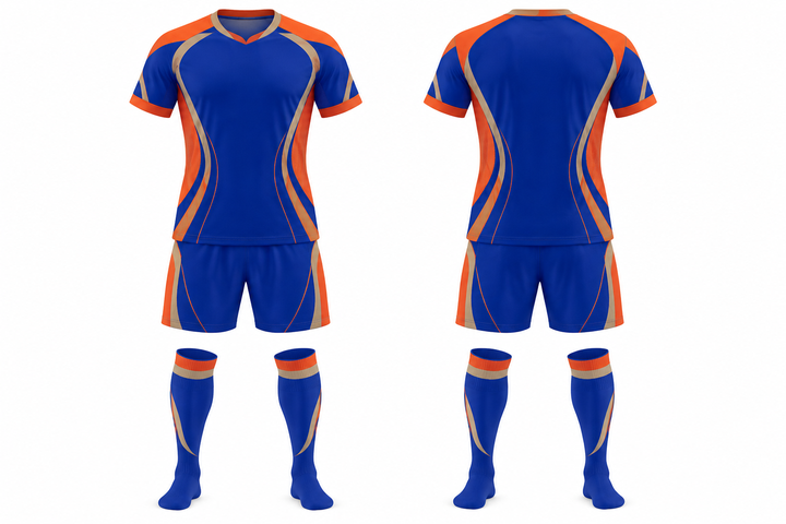 Front and back view of cobalt nested contour arcs soccer match kit