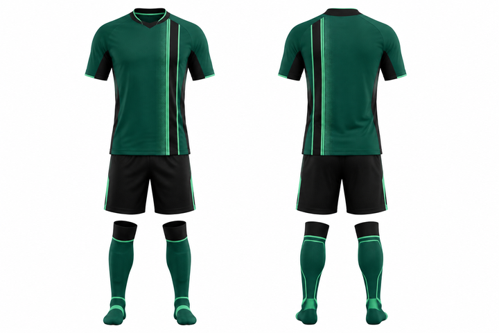Front and back view of emerald offset vertical race stripe soccer match kit