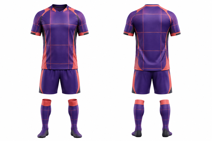 Front and back view of purple oversized tonal grid soccer match kit
