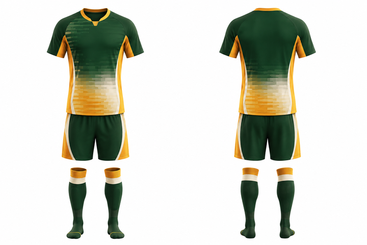 Front and back view of bottle green pixel to panel fade built from flat bands soccer match kit
