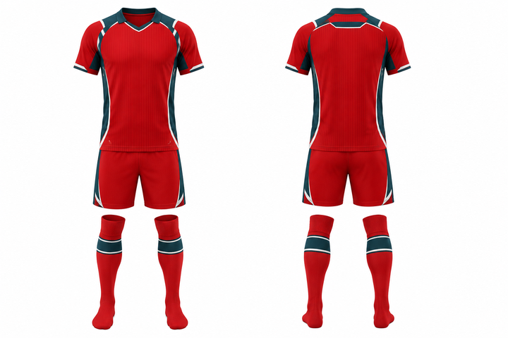 Front and back view of club red retro micro stripe with modern panel breaks soccer match kit