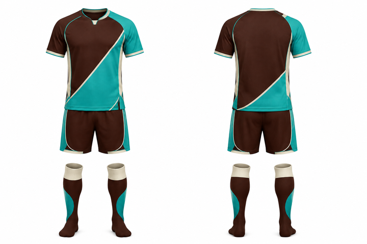 Front and back view of dark chocolate split sash geometry soccer match kit