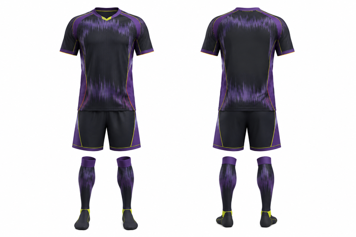 Front and back view of charcoal tonal soundwave rhythm soccer match kit