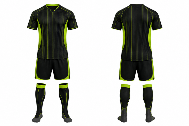 Front and back view of black wide modern pinstripe field soccer match kit
