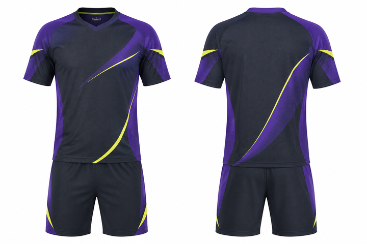 Front and back view of charcoal asymmetric speed panel sweep soccer training kit