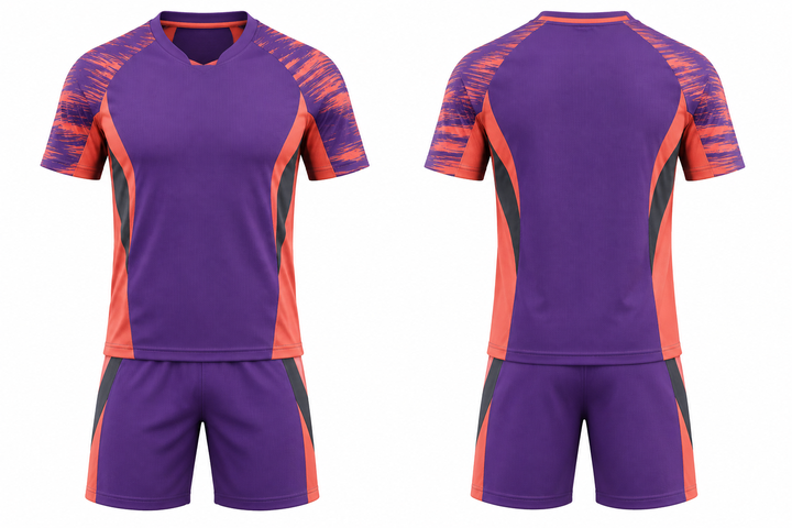 Front and back view of purple bold sleeve to side bridge soccer training kit
