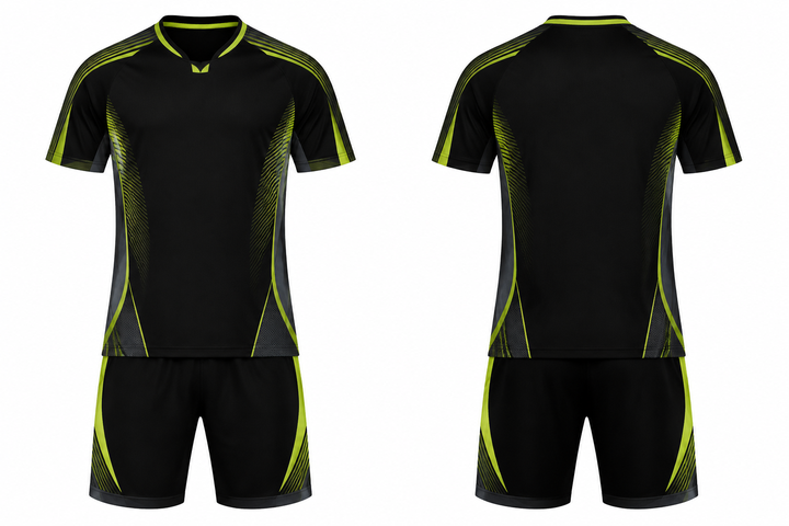 Front and back view of black compressed gradient illusion made only from flat bands soccer training kit