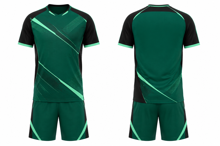 Front and back view of emerald diagonal court line architecture soccer training kit