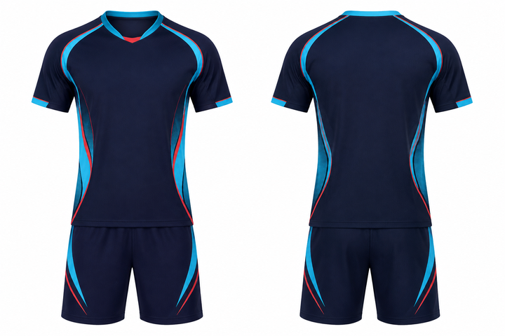 Front and back view of midnight navy minimal arch and orbit geometry soccer training kit