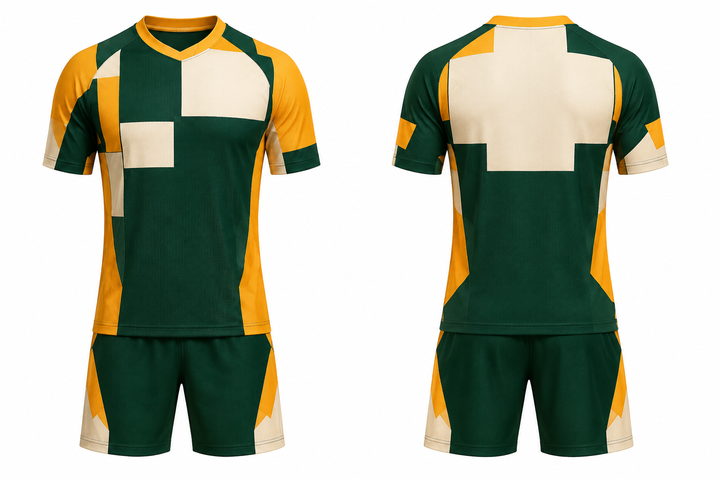 Front and back view of bottle green modular block mosaic soccer training kit