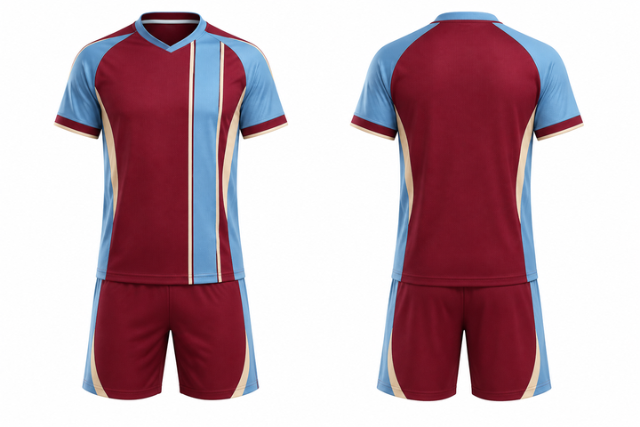 Front and back view of deep maroon offset vertical race stripe soccer training kit