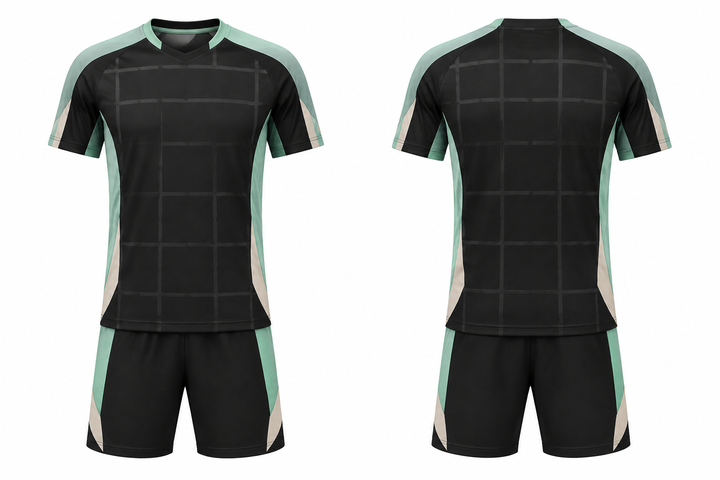 Front and back view of obsidian black oversized tonal grid soccer training kit