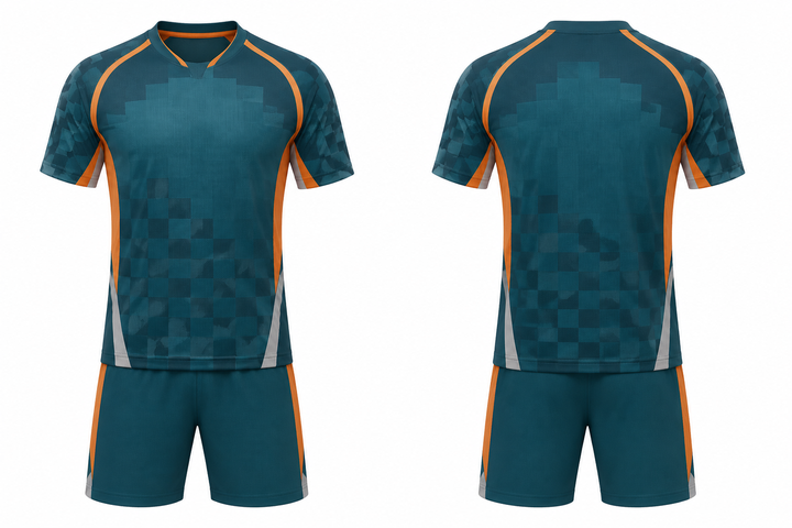 Front and back view of petrol teal stepped chequer field with original spacing soccer training kit