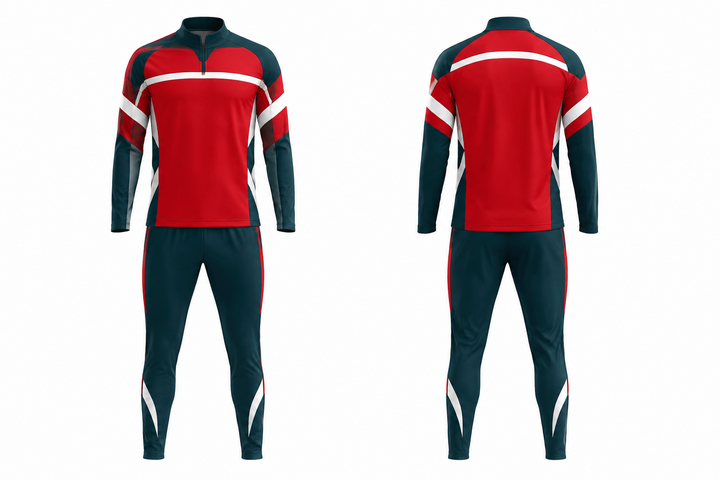 Front and back view of club red layered horizon bands soccer warm up set