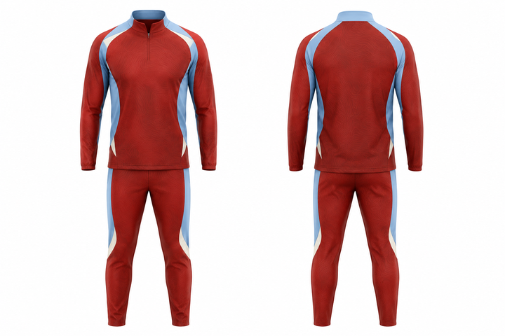 Front and back view of brick red low contrast ripple map soccer warm up set