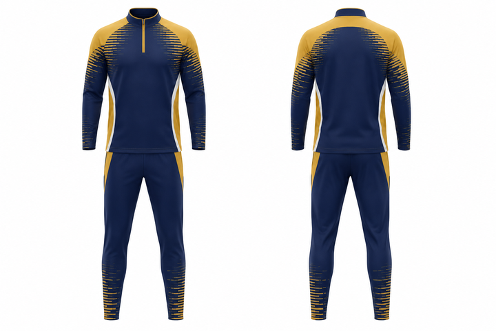 Front and back view of marine blue pixel to panel fade built from flat bands soccer warm up set