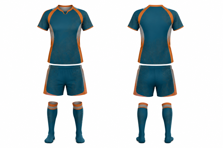 Front and back view of petrol teal contained topographic contour field soccer women's or academy match kit