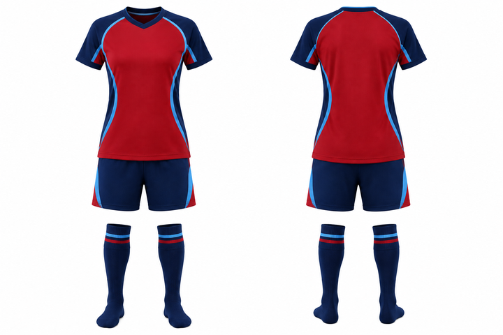 Front and back view of deep red curved body mapped side flow soccer women's or academy match kit