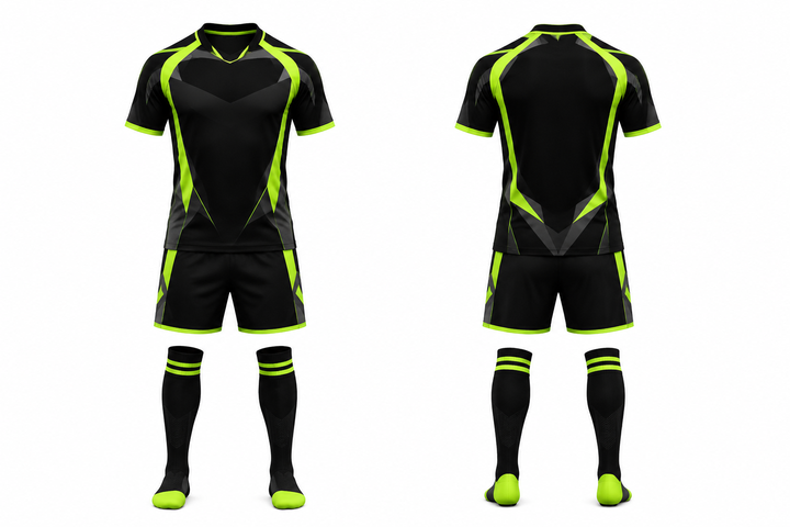 Front and back view of black faceted shield geometry soccer women's or academy match kit