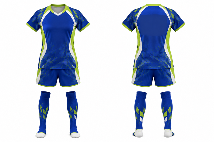 Front and back view of royal blue fractured diamond field soccer women's or academy match kit