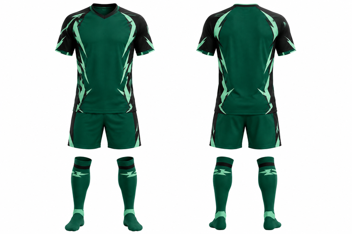 Front and back view of emerald negative space lightning channel soccer women's or academy match kit