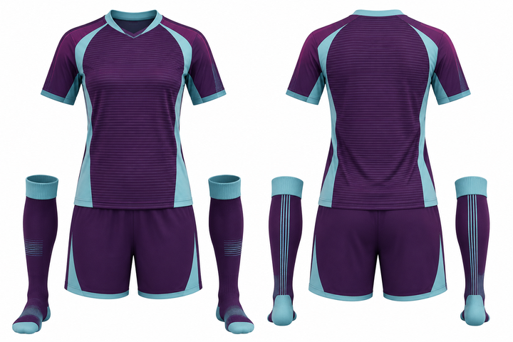 Front and back view of plum retro micro stripe with modern panel breaks soccer women's or academy match kit