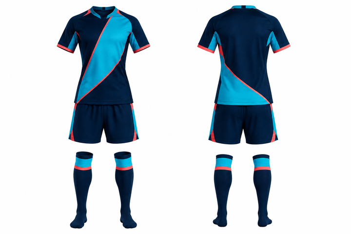 Front and back view of midnight navy split sash geometry soccer women's or academy match kit