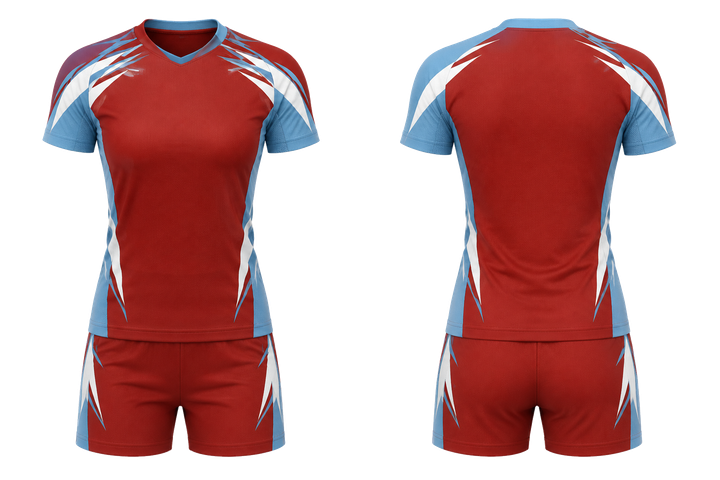 Front and back view of brick red angular shoulder burst volleyball court match uniform