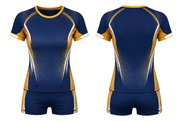 Front and back view of marine blue compressed gradient illusion made only from flat bands volleyball court match uniform