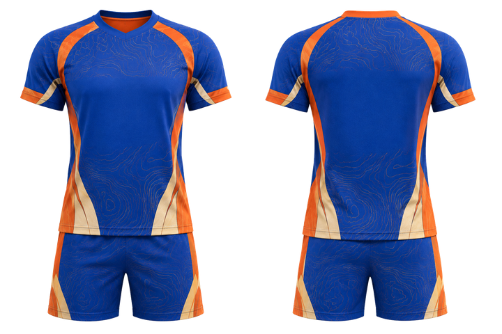 Front and back view of cobalt contained topographic contour field volleyball court match uniform