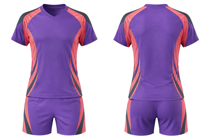 Front and back view of purple curved body mapped side flow volleyball court match uniform