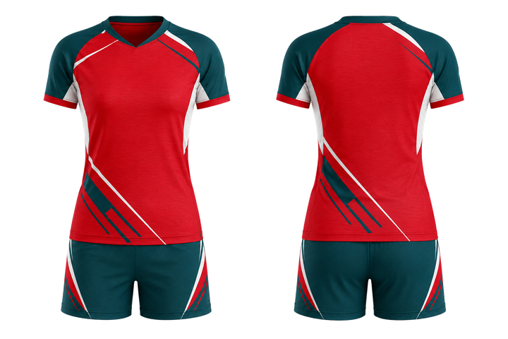 Front and back view of club red diagonal court line architecture volleyball court match uniform