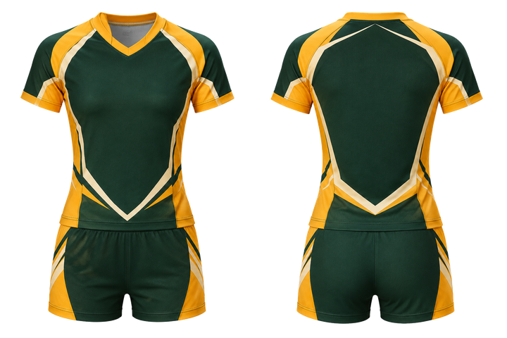 Front and back view of bottle green faceted shield geometry volleyball court match uniform