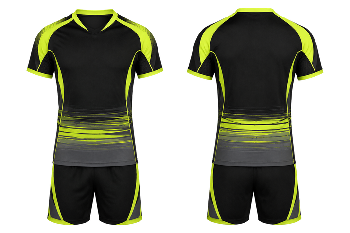 Front and back view of black layered horizon bands volleyball court match uniform