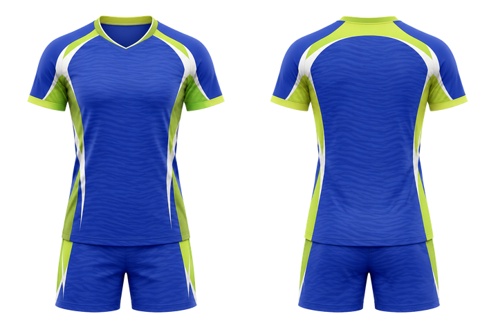 Front and back view of royal blue low contrast ripple map volleyball court match uniform