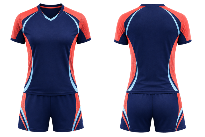 Front and back view of indigo minimal arch and orbit geometry volleyball court match uniform