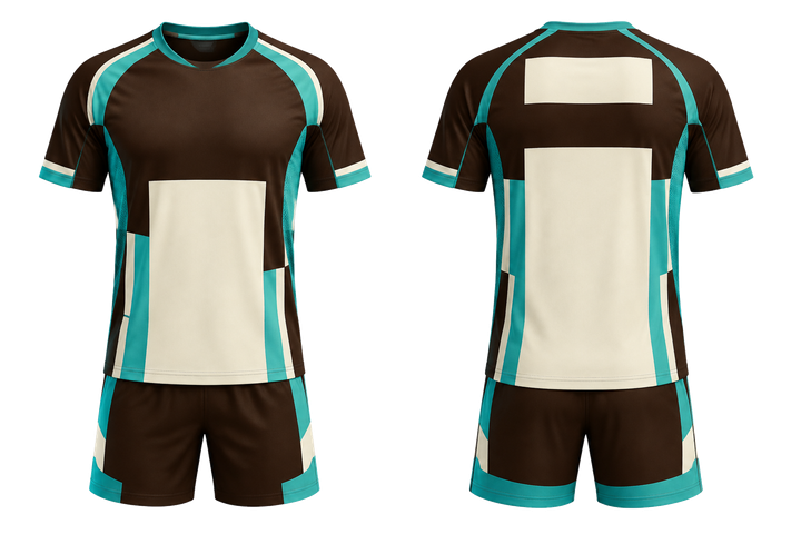 Front and back view of dark chocolate modular block mosaic volleyball court match uniform