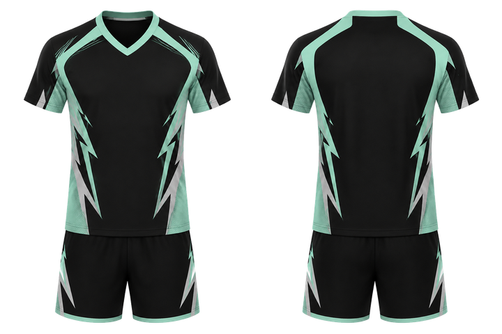 Front and back view of obsidian black negative space lightning channel volleyball court match uniform